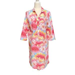 Connie Roberson Womens Cotton Floral Shirt Dress Size Large Pink Preppy Summer